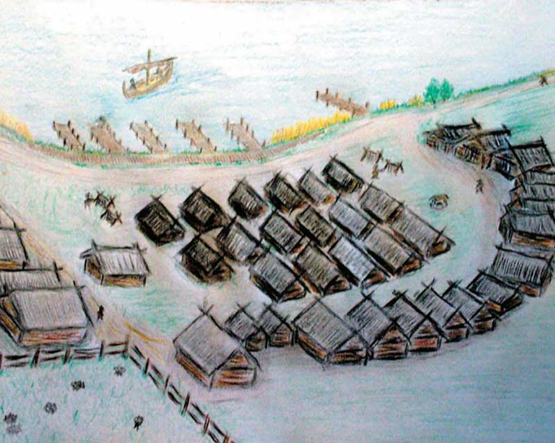 Рисунок, описывающий порт и место торговли во Фрьёэле. 