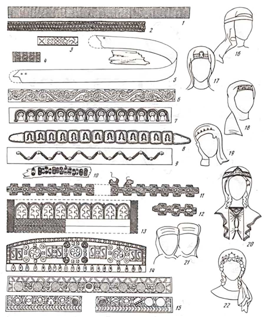 Табл. 66. Диадемы и очелья женских головных уборов Х-ХIII вв. (составлена М.А. Сабуровой) 